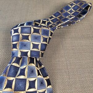 Platinum‎ Designs Mens Blue Gold Geometric Silk Necktie Hand Made Formal Tie